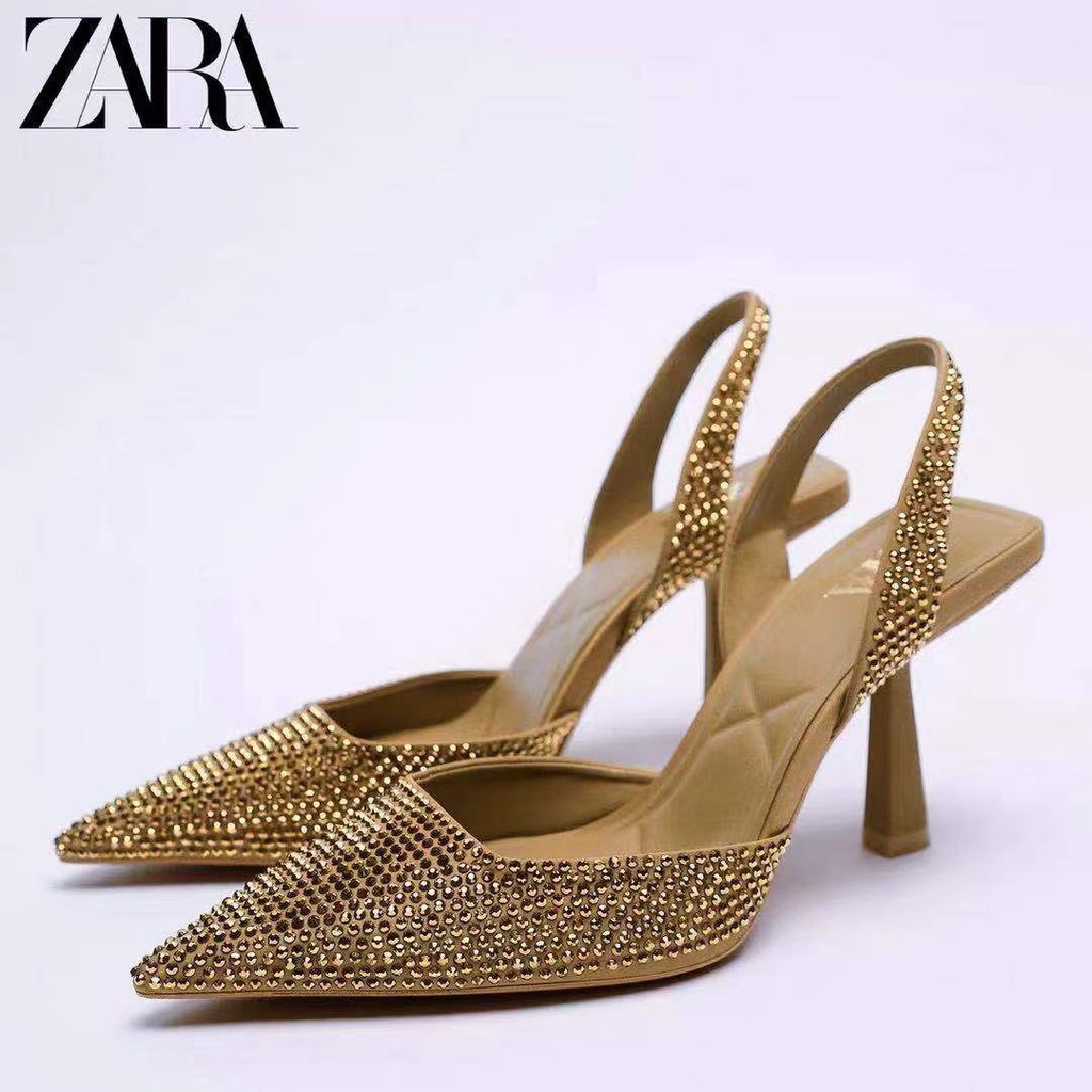 รองเท้า Zara รองเท้าแตะส้นสูงตกแต่ง rhinestone