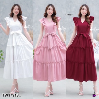 17918 เดรสคอวี ไหล่ระบาย ผูกเอว V-neck dress, ruffled shoulders, waist ties