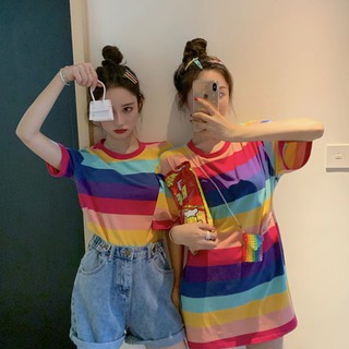 ⚛TNB COCO1⚛️(19385) Oversize T-shirts CouplerRainbow 🌈 stripes เสื้อยืดแขนสั้นลายทางสีรุ้ง 🌈