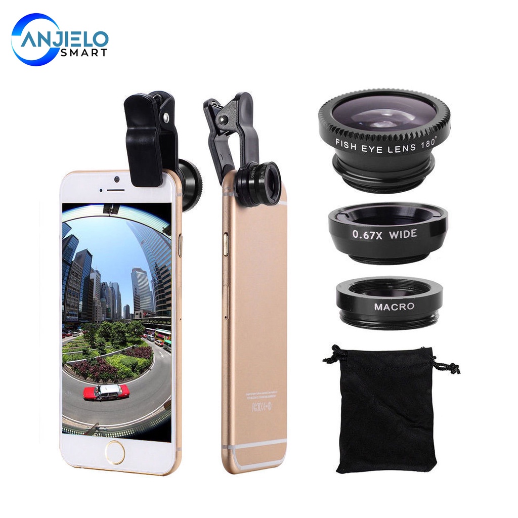 Anjielosmart Universal 3 in 1 โทรศัพท์มือถือกล้องเลนส์ชุดมุมกว้าง Macro Fisheye เลนส์สําหรับโทรศัพท์สมาร์ท iphone
