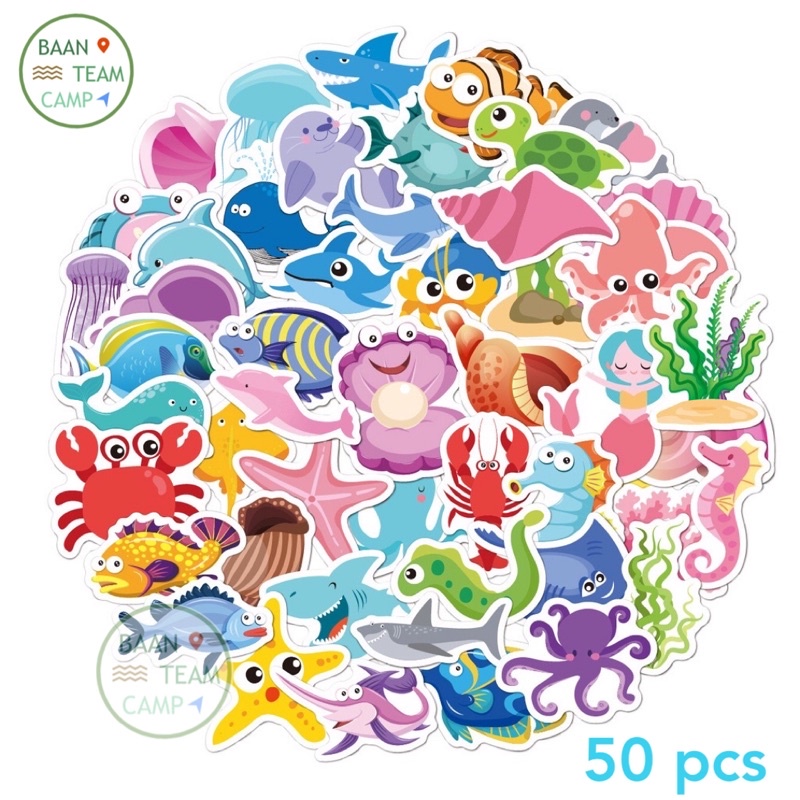 สติ๊กเกอร์ น้องปลา 168 Fish 50ชิ้น กันน้ำ น้องน่ารักมาก ม้าน้ำ ฉลาม ปลาดาว ปลาฉลาม ปู เพลง การ์ตูน โลมา เด็ก ทะเล sea