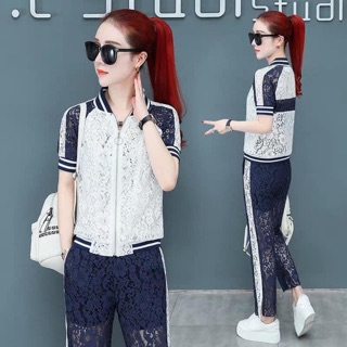 Set เสื้อ กางเกง วอร์มลูกไม้เกาหลี ผ้าใส่สบายมากๆค่า สีกรม งานสวยมากๆ