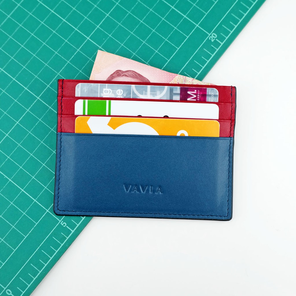 Vavia Card Holder หนังวัวแท้ สี Navy Blue & Red Trim มีช่องใส่บัตร 7 ช่อง