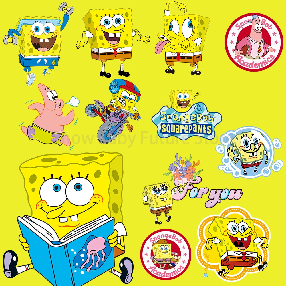 แผ่นสติกเกอร์รีดร้อน ลายการ์ตูน SpongeBob สําหรับตกแต่งเสื้อผ้า DIY