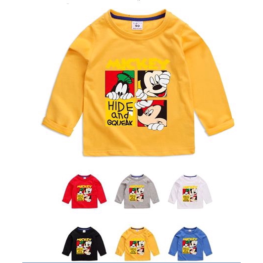 6 สีเสื้อผ้าเด็กแขนยาวผ้าฝ้ายคอกลมด้านบนมิกกี้การ์ตูนเสื้อยืด ราคา ถูกที่สุด ดีลบีเคเค
