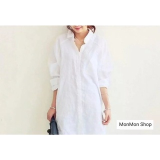 MONMONSHOP👗MON5768 เสื้อเชิ้ตผ้าคอตตอนเนื้อดี คอปกด้านหลังติดกระดุมสวยเก๋ แบบแขนยาว แขนพับติดกระดุมได้ หน้าสั้นหลังยาว ท