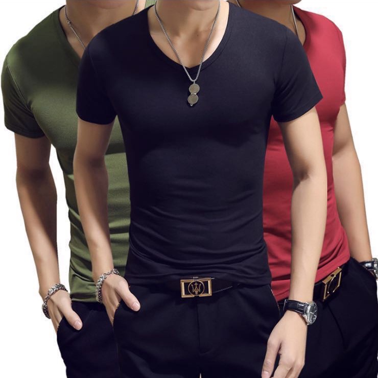 M-4XL V คอธรรมดาแขนสั้นเสื้อยืดผู้ชาย Slim Fit Casual Sport T เสื้อ