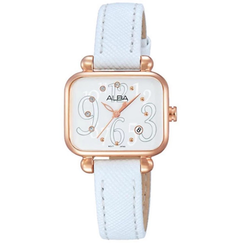 ALBA นาฬิกาข้อมือผู้หญิง สี่เหลี่ยม Pinkgold สายหนังขาว รุ่น AH7K06X1