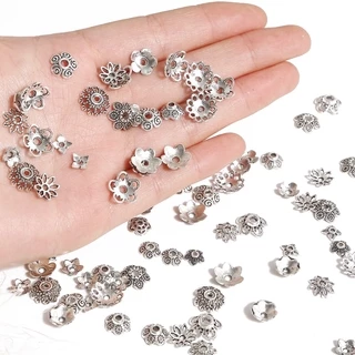 ปลอกปิดท้ายลายดอกไม้สีเงิน antique 50 ชิ้น สำหรับ DIY อุปกรณ์เครื่องประดับ