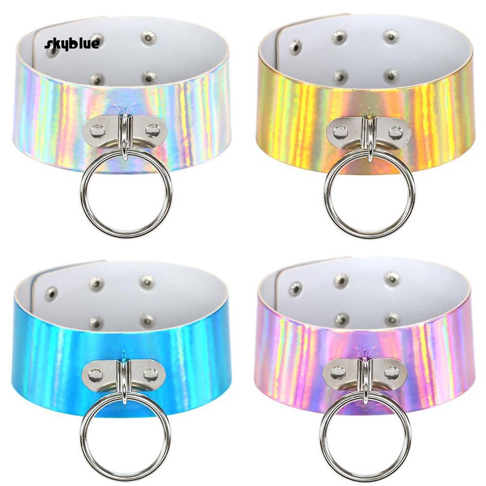 Lady/'s Gold//Silver Ring Holographic Laser Collar Choker Wide PU Leather Necklace