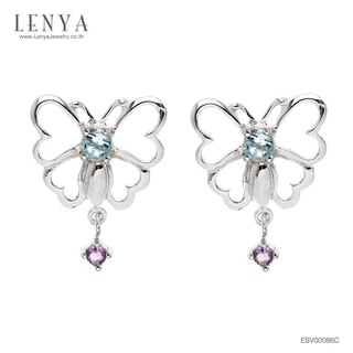 Lenya Jewelry ต่างหูรูปผีเสื้อ ประดับบลูโทแพซและอะเมทิสต์ ตัวเรือนเงินแท้ชุบทองคำขาว
