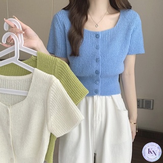 🎏Korea NEW เสื้อยืด ไหมพรมเอวจั๊ม แขนสั้นคอเหลี่ยม มีกระดุม 10 สีน่ารัก