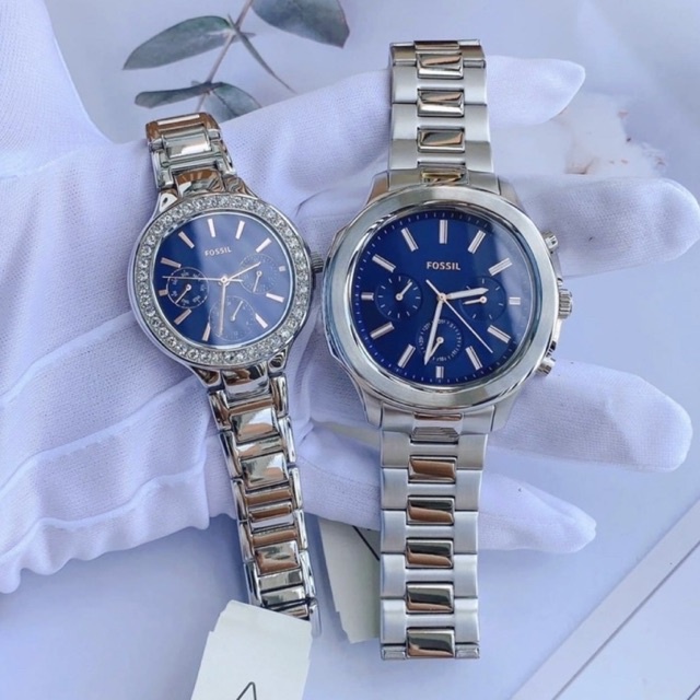 🎀(สด-ผ่อน) นาฬิกาคู่ สีเงินหน้าน้ำเงิน Fossil BQ2646SET His and Her Multifunction Stainless Steel Watch Set