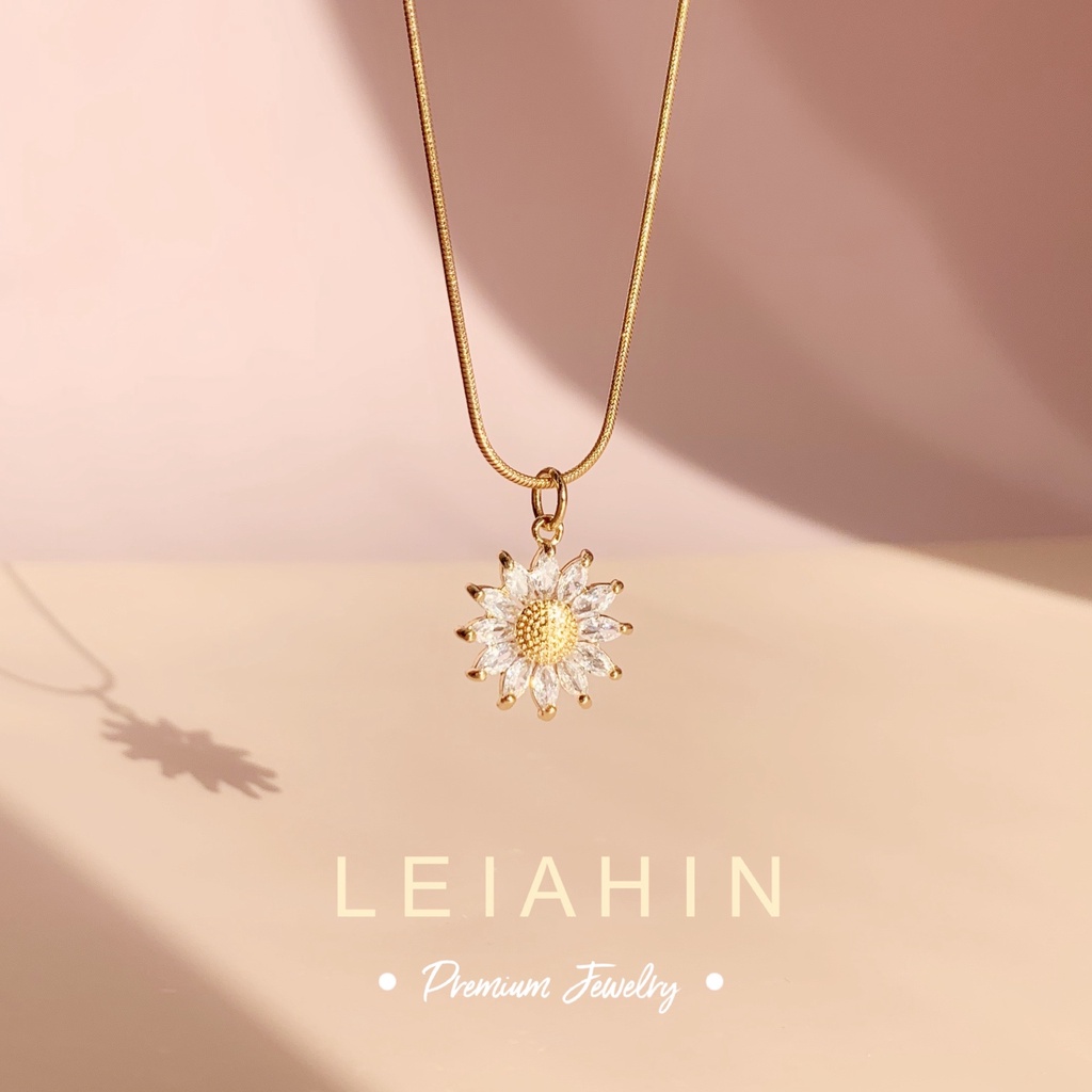 LEIAHIN สร้อยคอ ไม่ลอกไม่ดำ ใส่อาบน้ำได้, สร้อยคอจี้ดอกทานตะวันพร้อมเพทาย จี้ดอกไม้