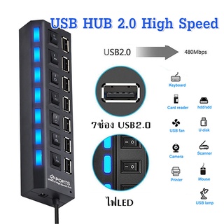 USB HUB 2.0 High Speed 7Ports ช่องต่อUSB 7ช่อง อุปกรณ์เพิ่มช่อง USB พร้อมสวิตซ์ ไฟLEDสำหรับคีย์บอร์ด/เมาส์/การ์ดรีดเดอร