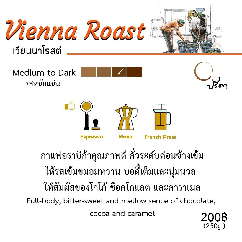 Vienna Roast เวียนนาโรสต์ (เมล็ดกาแฟคั่วกลางค่อนข้างเข้ม) ;250g