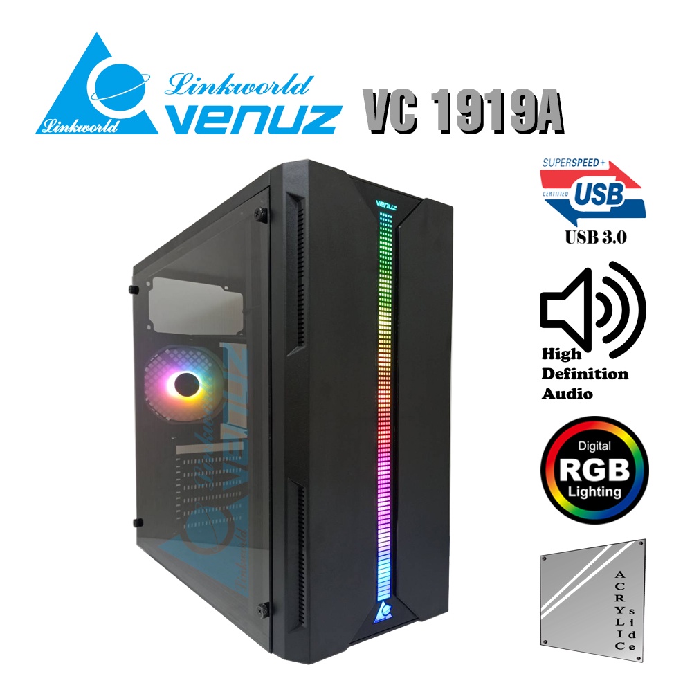 VENUZ Acrylic Side ATX Computer Case VC 1919A with RGB LED Lighting &amp; VF1298 120mm Rainbow RGB Fan – Black