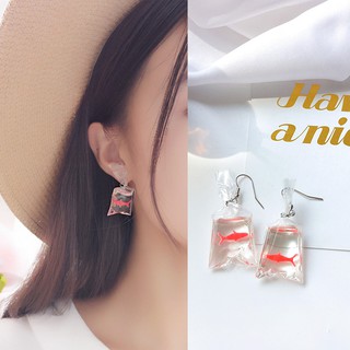 พร้อมส่ง 🐠Handmade Fish Earrings Water Bag ต่างหูถุงปลาทอง มี 2 แบบ หนีบกับเจาะ