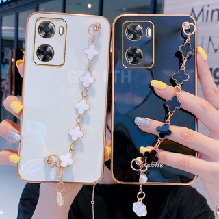 New เคสโทรศัพท์ Oppo A57 4G 2022 / A77 5G / A96 4G / A76 Fashion Straight Edge Plating with Clover Bracelet Soft Case Camera Lens Protection Cover เคส OPPO A57 OppoA77