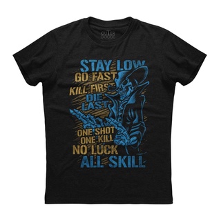 ขายดี เสื้อยืดลําลอง แขนสั้น พิมพ์ลาย Stay Low Go Fast Kill First Die Last สีดํา สําหรับผู้ชาย OLndcg22FGagda44