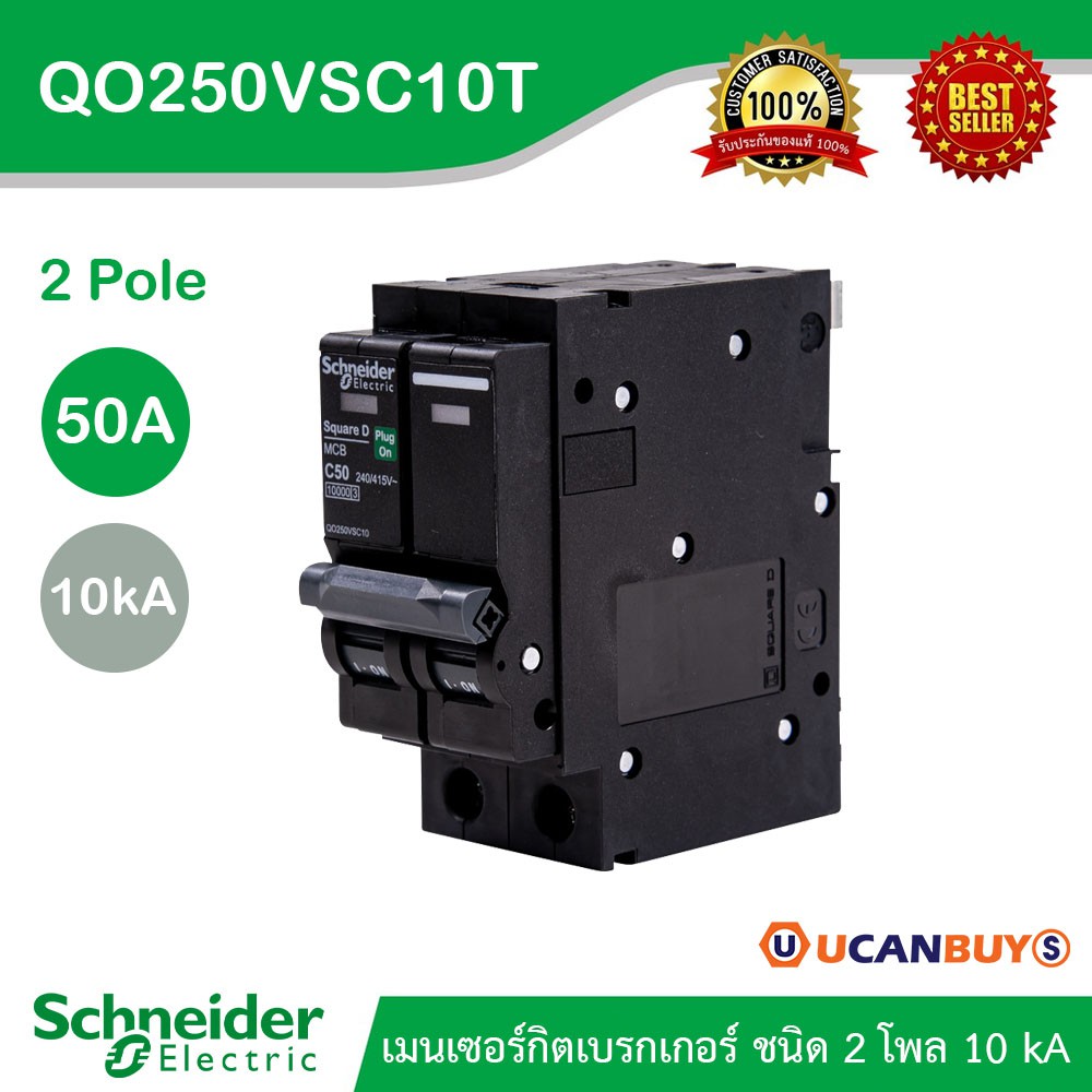 Schneider Electric เมนเซอร์กิตเบรกเกอร์ QOvs ชนิด 2 โพล ขนาด 50A 10kA รหัส QO250VSC10T
