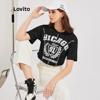 Lovito เสื้อยืด พิมพ์ลายตัวอักษร ผ้านุ่ม สไตล์ลำลอง ไม่คายผิวและสวมใส่สบาย L30ED031 (สีดำ)