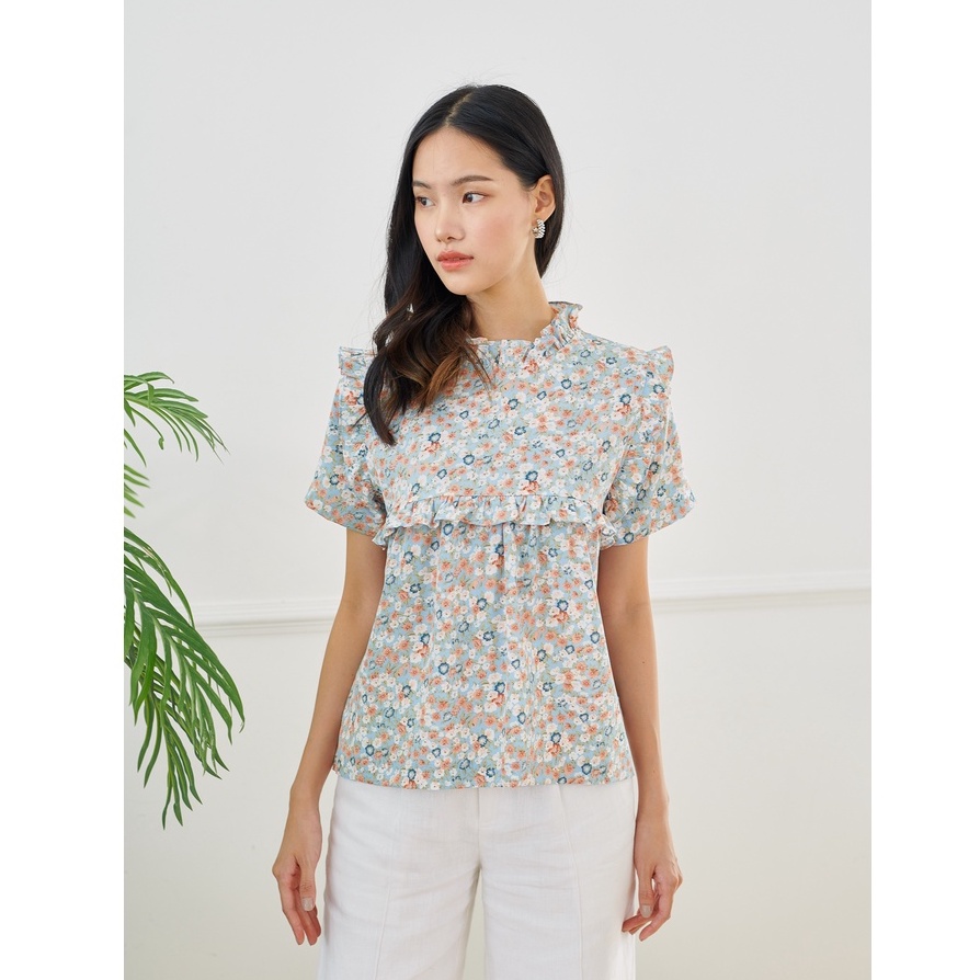 เสื้อให้นม Victoria Ruffle-Neck Blouse: Blue Buttercup