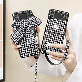 Houndstooth เคสโทรศัพท์มือถือแบบแข็ง ลายดอกคามิเลีย พร้อมสายโซ่คล้อง สําหรับ Samsung Galaxy Z Flip 4 3 2 1 Z Fold4