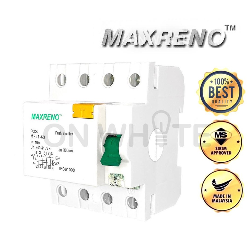 MAXRENO 40A 4P 100mA / 300mA ELCB - RCCB 0.1A / 0.3A [SIRIM] 4Pole 4 Pole .แม็กซ์การ์ด / .EPS