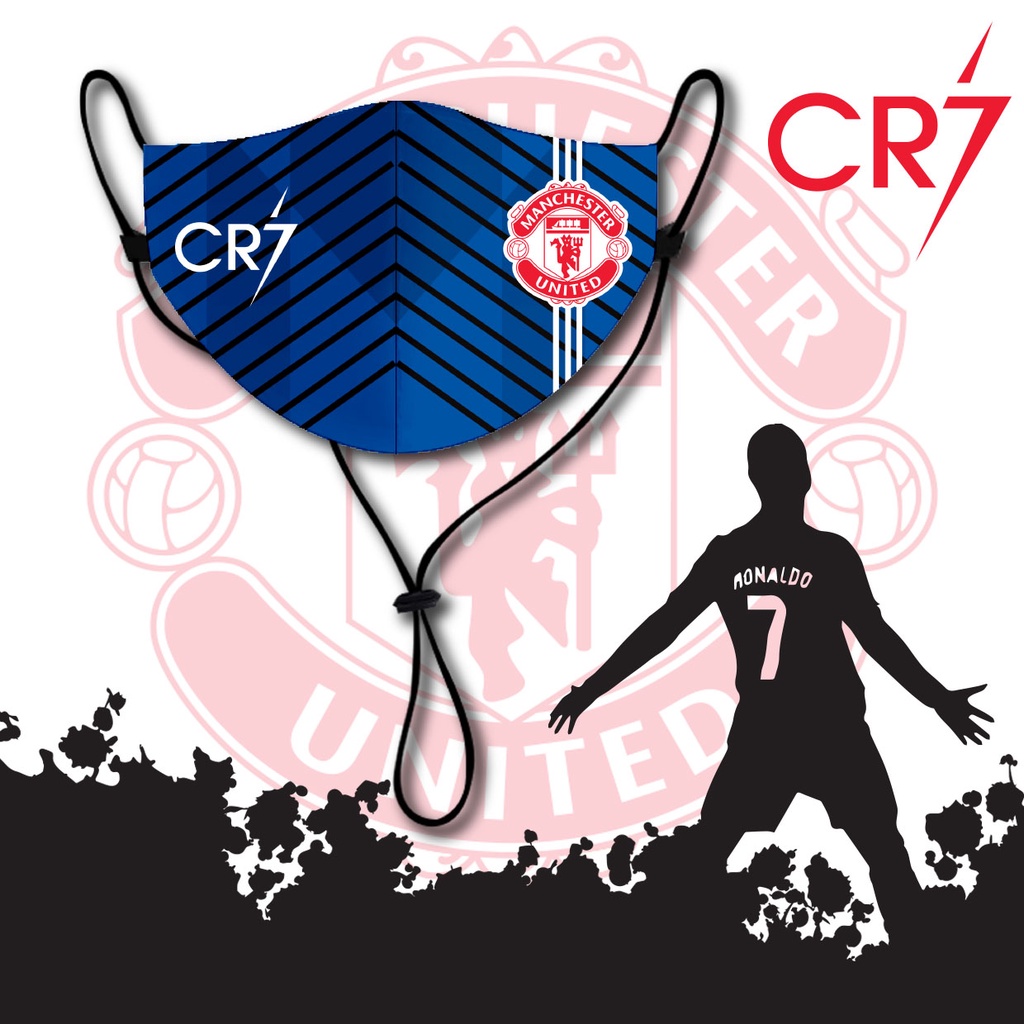 หน้ากากผ้า แมส ผู้ใหญ่ ราคาถูก มีสายคล้องคอ ลาย โรนัลโด้ สีน้ำเงิน CR7 MANU
