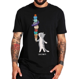 เสื้อยืดผ้าฝ้าย เสื้อยืดลําลอง ผ้าฝ้าย แบบนิ่ม พิมพ์ลายแมว และดาวเคราะห์น่ารัก แฟชั่นฤดูร้อน สําหรับผู้ชาย