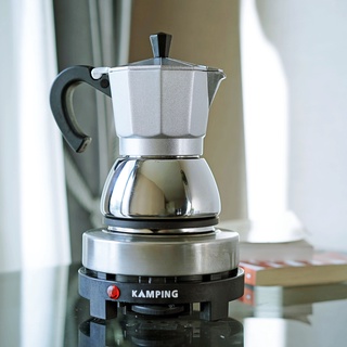 (สีเงิน) Kamping ชุดเตาไฟฟ้า 500W + กาต้มกาแฟ มอคค่าพอท ฐานสแตนเลส Stainless Moka Pot (4cup/200ml)