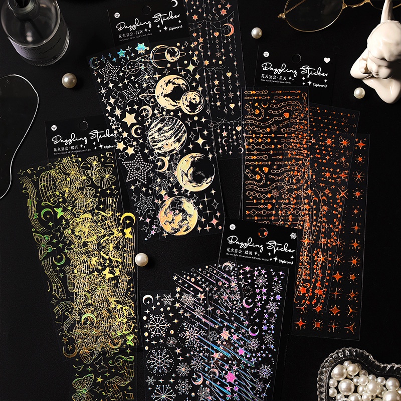 3 ชิ้น Vintage Bronzing สติกเกอร์สมุดภาพสติกเกอร์ตกแต่งฟอยล์ Gold Sliver Star Moon Embellishment อุปกรณ์สําหรับไดอารี่อัลบั้ม
