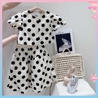 Girls summer wear polka dot suit 2022 new Korean style childrens bubble sleeve big round dot medium and big childrens western style wide-leg pants