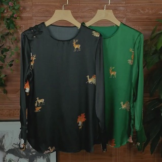 เสื้อเชิ้ต ผ้าไหม พิมพ์ลายกวาง แต่งหัวเข็มขัด สไตล์จีน สําหรับผู้หญิง