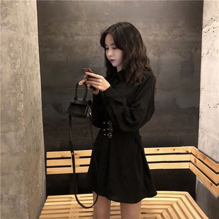 2020 autumn and winter plus velvet new sexy loose mid-length black shirt skirt metal buckle waist dress female