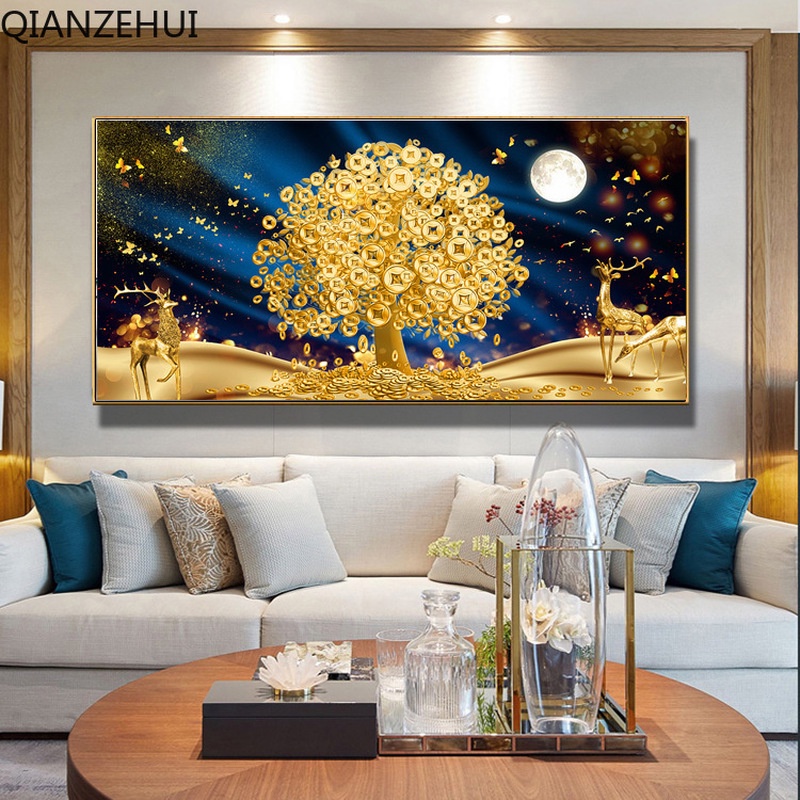 Fortune Tree Elk ภาพวาดวอลล์เปเปอร์ห้องนั่งเล่นห้องนอนพื้นหลังออกแบบ Home Design Wall กระดาษ Self กาวภาพจิตรกรรมฝาผนังวอลล์เปเปอร์