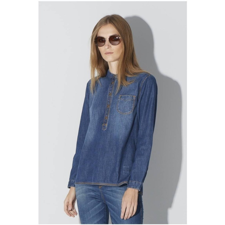 MC Jeans(แม็ค ยีนส์) -  MWL9177  แท้ 100 %จากโรงงาน เสื้อเชิ้ตแขนยาว PULL OVER คอจีน ผ้ายีนส์ฟอก 100