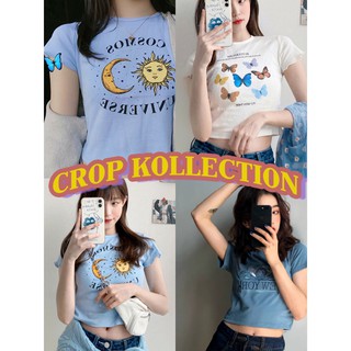 🌈 Kollection (พร้อมส่ง) เสื้อครอปแขนสั้น ผ้าคอตตอนสกรีนลายน่ารัก เสื้อผ้าแฟชั่น เสื้อครอปคอกลม สายเกาหลี สายฝอ เสื้อครอป