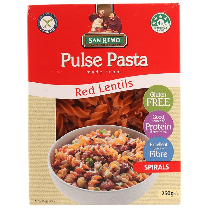 ซานรีโมเส้นพาสต้ารูปเกลียวทำจากแป้งถั่วเลนทิลสีแดง 250กรัม San Remo Spiral Pasta Made from Red Lenti