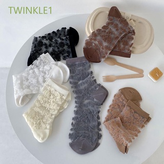 Twinkle1 ถุงเท้าผ้าไหมพิมพ์ลายดอกไม้สไตล์วินเทจสําหรับผู้หญิง