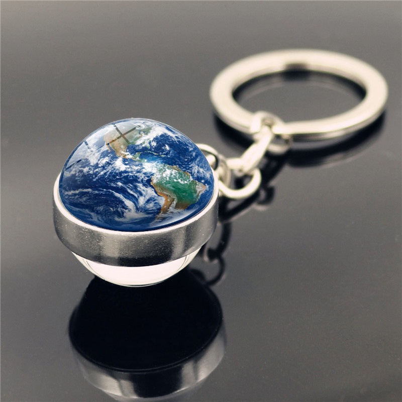 พวงกุญแจแผนที่โลก Globe Earth Ball จี้แก้ว Jewlery สองด้าน Americas แผนที่ยุโรปพวงกุญแจลูกบอลแก้วสําหรับผู้ชาย