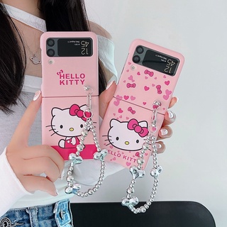 เคสโทรศัพท์มือถือ PC แข็ง กันกระแทก ลายการ์ตูนเฮลโลคิตตีน่ารัก พร้อมสายโซ่คล้อง สําหรับ Samsung Galaxy Z Flip 4 5G Z Flip 3