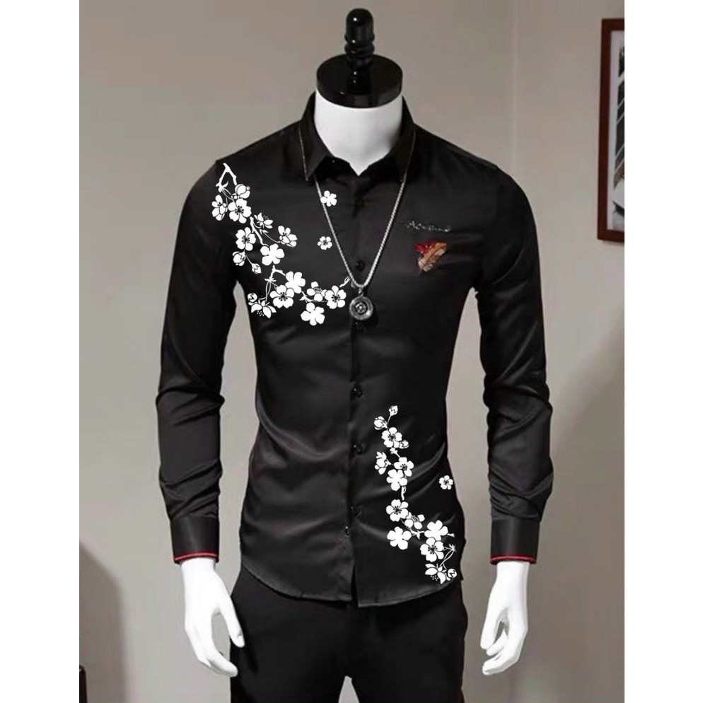 เสื้อเชิ้ตสีดํา LONG-SLEEVE สําหรับผู้ชาย IN 3D SILK, SMOOTH AND COOL, เสื้อเชิ้ตสีดําสไตล์ TRENDY (