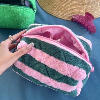 Pink Green Stripes Terry Pouch - machmachthelabel / กระเป๋าผ้าขนหนูใส่ของ