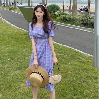 👗กระโปรงผู้หญิง👗 เดรสสีม่วงลายสก็อต เดรสเจ้าหญิงเดรสยาวแขนพอง สไตล์ลำลองน่ารัก กระโปรงแฟชั่นผู้หญิง (K426)