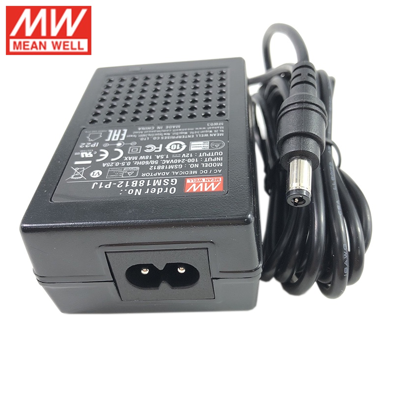 Mean WELL GSM18B อะแดปเตอร์ทางการแพทย์ 15W 18W 5V3A 7.5V2A 9V2A 12V1.5A 15V1.2A 18V1A 24V0.75A 48V0.