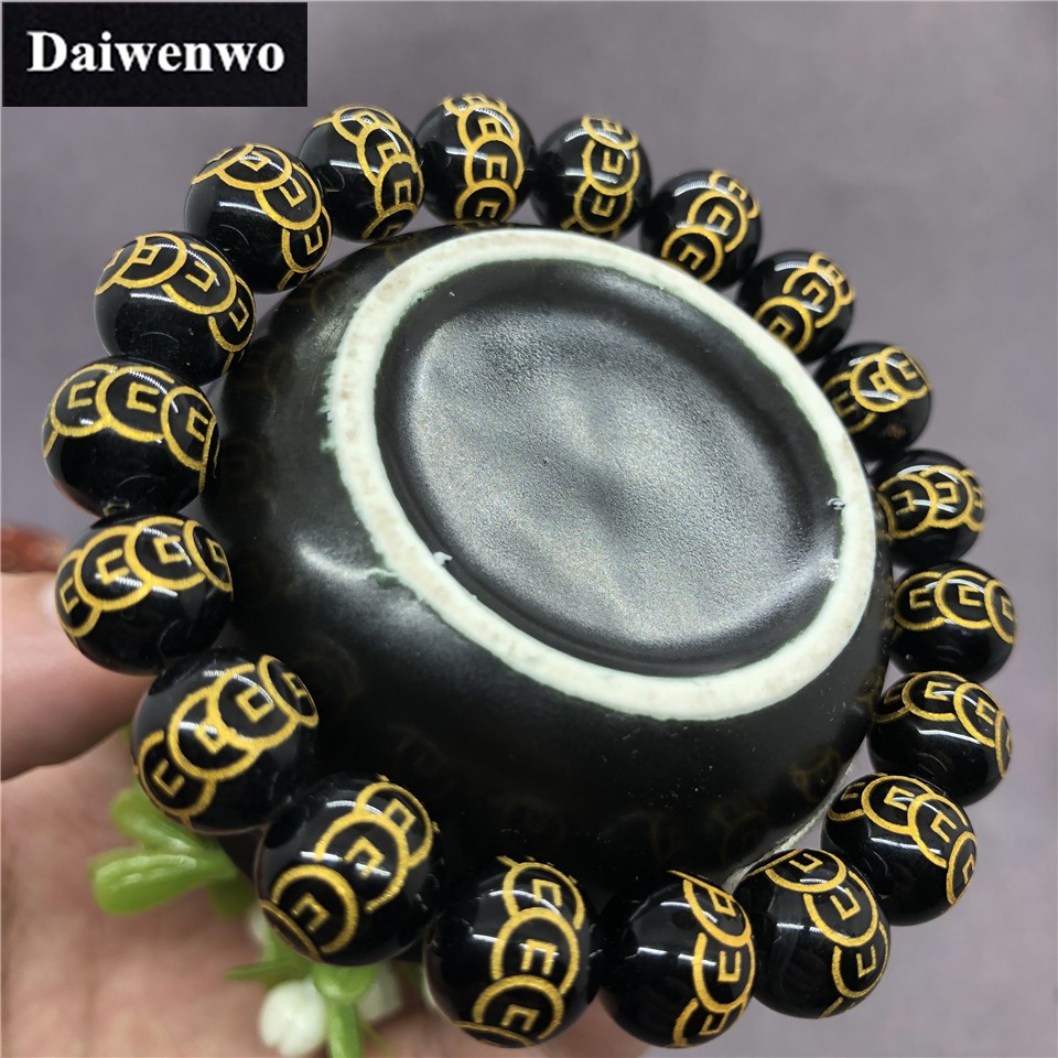 Golden Copper Coin Black Agate Onyx Beads หินธรรมชาติโกลเด้นทองแดงเหรียญอาเกตสีดำนิลลูกปัดสร้อยข้อมื