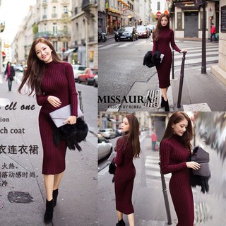 ✨NEW✨ Dress เดรส ไหมพรม แขนยาว เข้ารูป คอเต่า สีไวน์ แดง Free Size