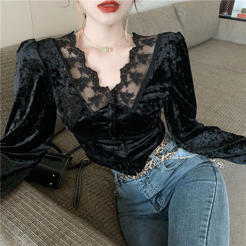 Spot  deep v design bottoming shirt long-sleeved new women's fashion western style เซ็กซี่ ลูกไม้เอวtop #5